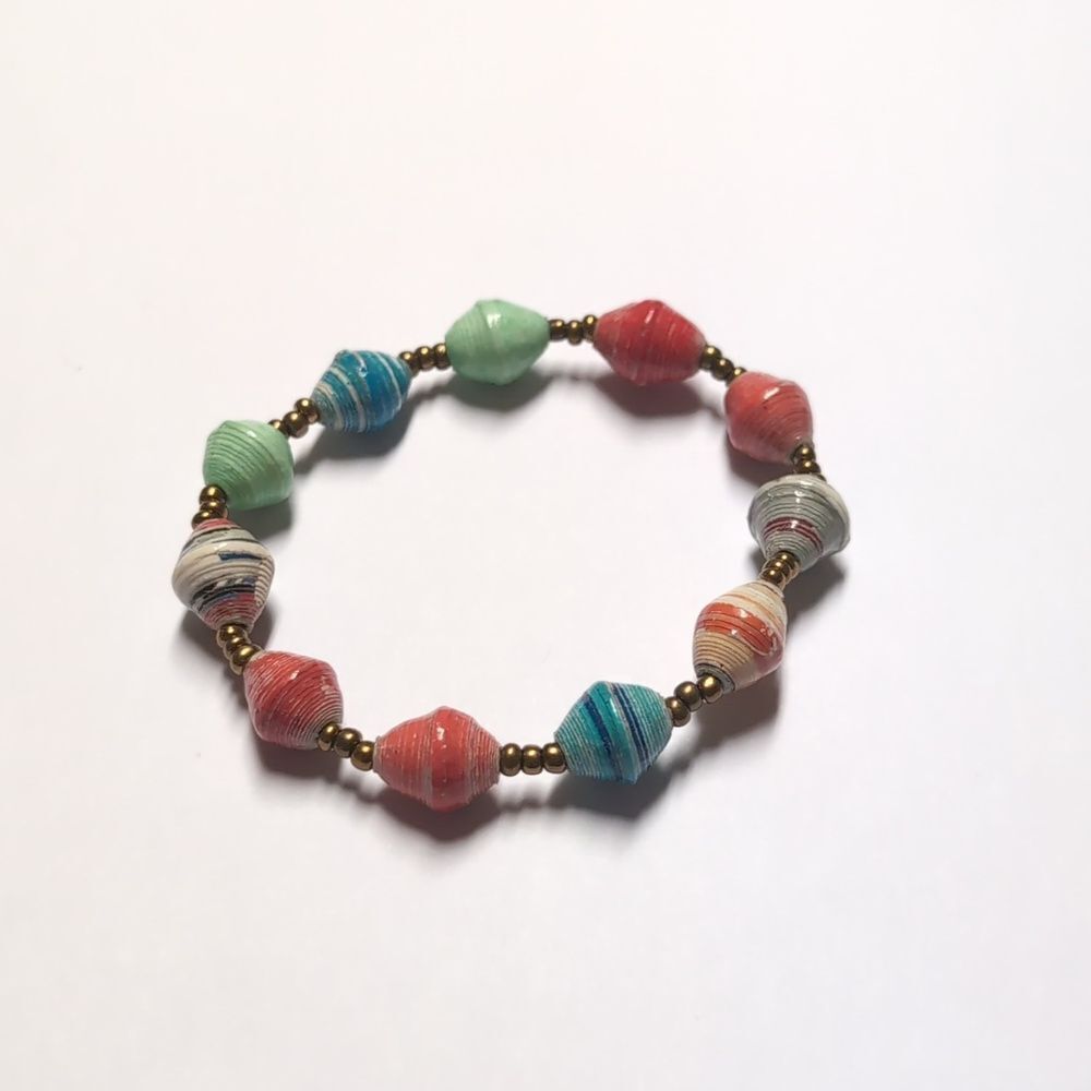 116 Multicolor Paper Rolled and Gold Beaded Stretch Bracelet